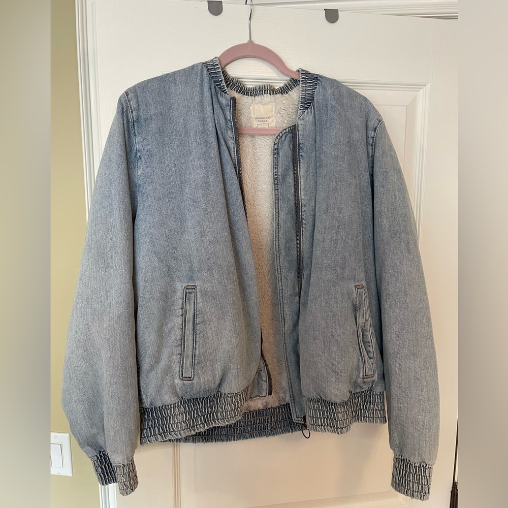 American Eagle Denim Bomber Jacket with Sherpa Lining